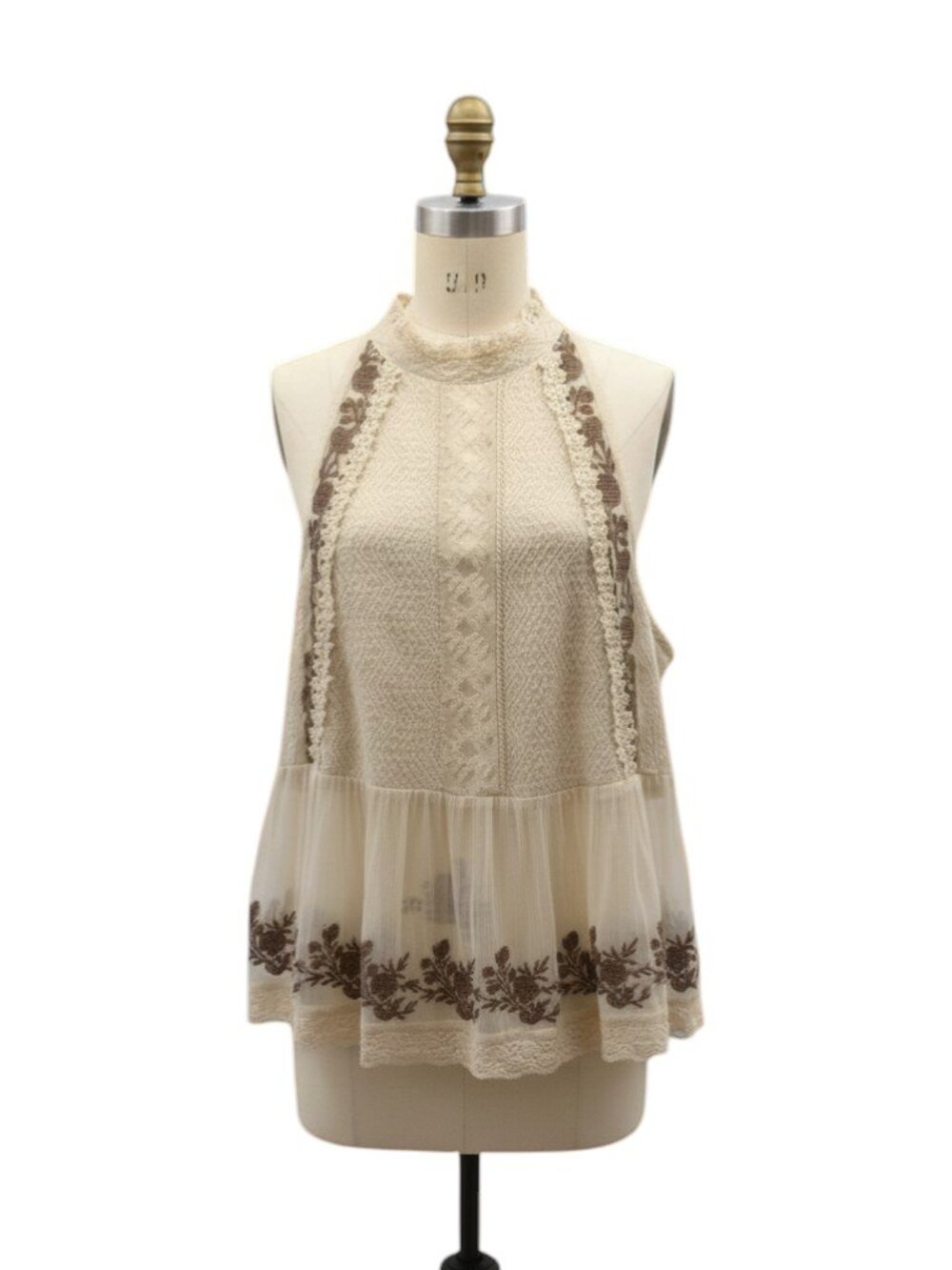 Ecote Urban Outfitters Cream Gold Metallic Embroidered Crochet Boho Tank Top
